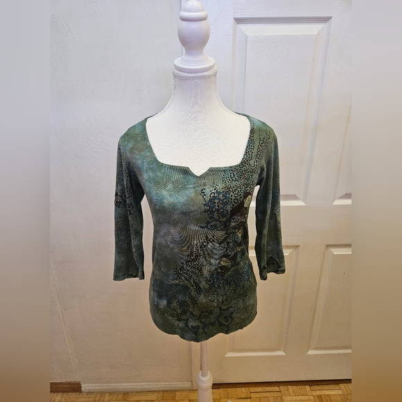 NEW Y2K GLIMA Green Blue Tie Dye Printed Jaguar 3/4 Sleeve Cotton Blouse Top S - Picture 2 of 7